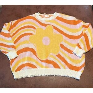 Simply Southern Retro Wavy Stripe Flower Oversized Knit Sweater Orange Pink L